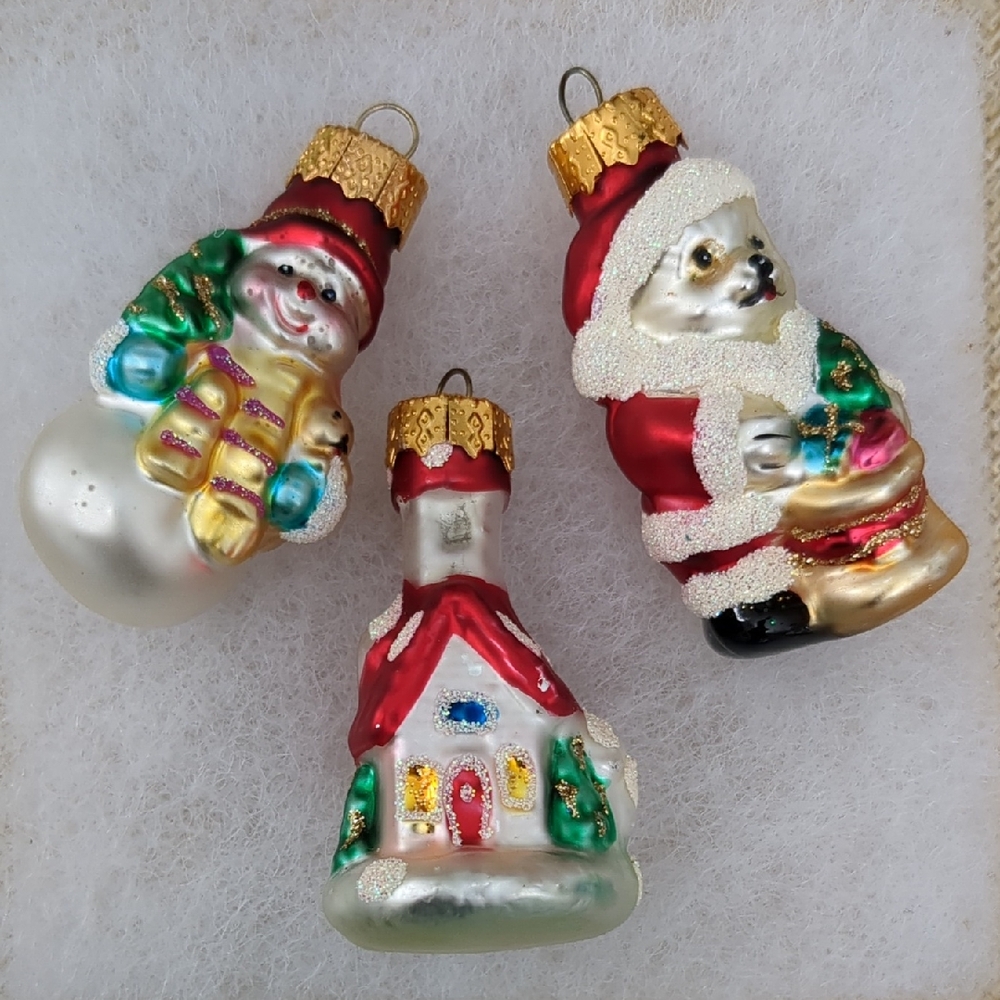 Festive Glass Ornaments Set - Snowman, Santa, and House